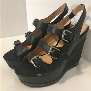 Nine West Black Buckle Strap Wedges Womens 7.5